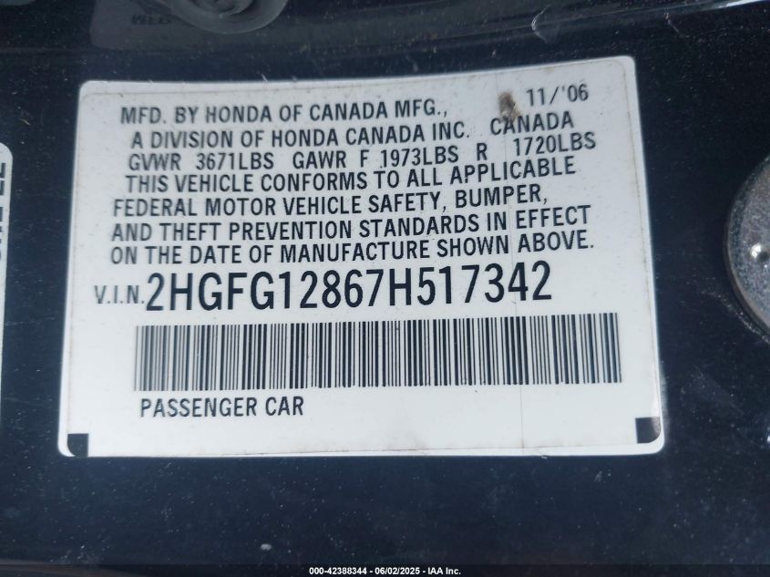 2007 Honda Civic Ex VIN: 2HGFG12867H517342 Lot: 42388344