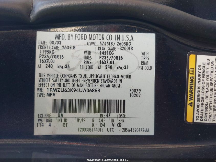 2004 Ford Explorer VIN: 1FMVU63K94UA06868 Lot: 42388513