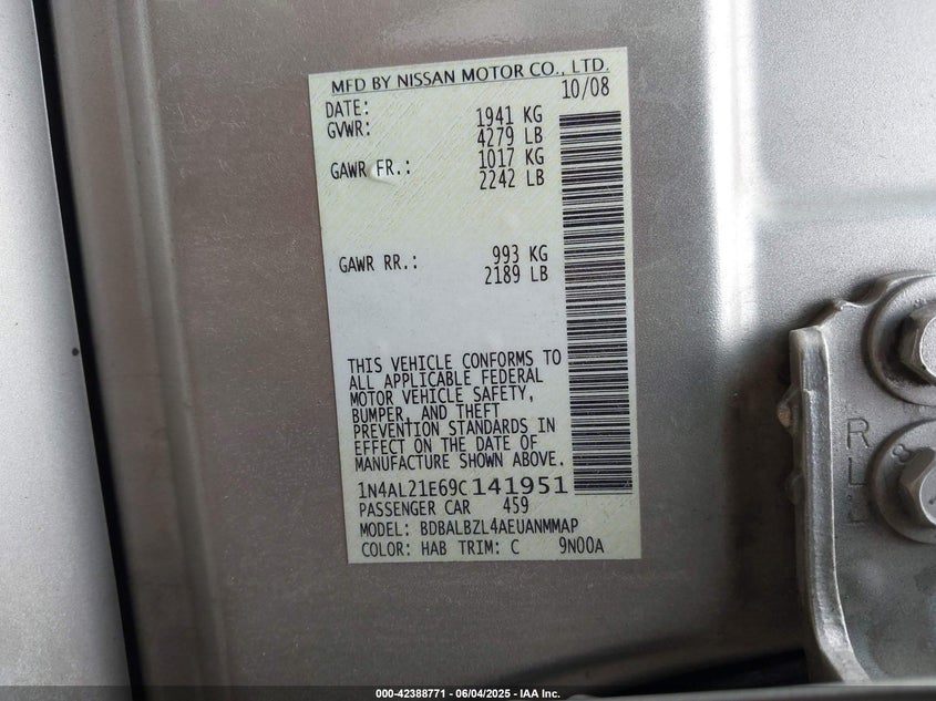 2009 Nissan Altima 2.5 S VIN: 1N4AL21E69C141951 Lot: 42388771