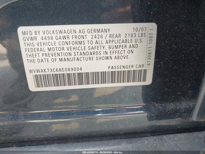 2008 VOLKSWAGEN PASSAT VIN: WVWAK73C68E089004