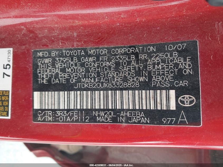 2008 Toyota Prius VIN: JTDKB20UX83328828 Lot: 42389031