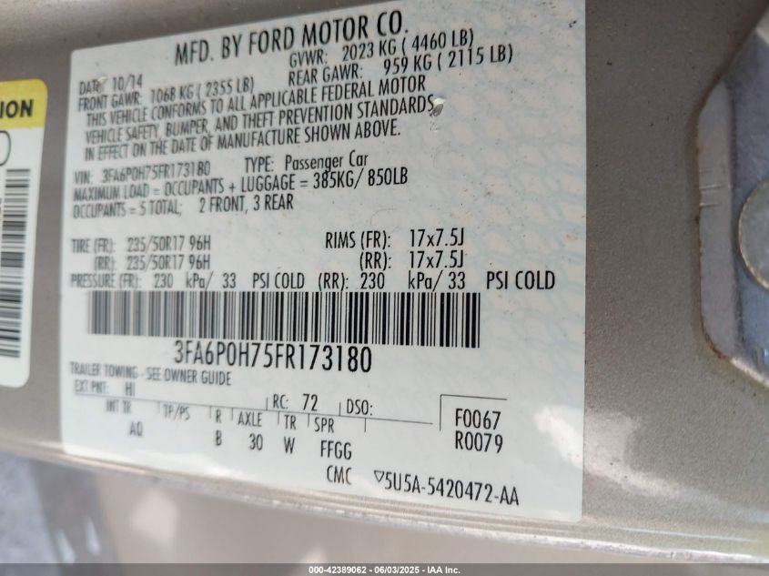 2015 Ford Fusion Se VIN: 3FA6P0H75FR173180 Lot: 42389062