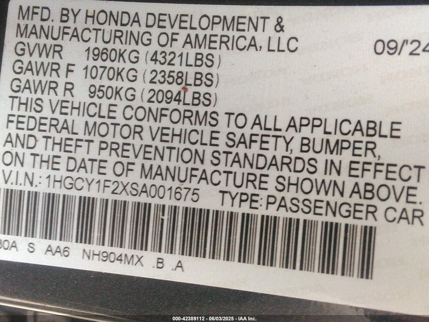 VIN 1HGCY1F2XSA001675 2025 HONDA ACCORD LX
