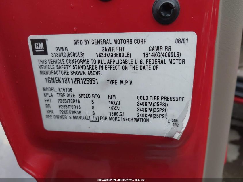 2002 Chevrolet Tahoe Lt VIN: 1GNEK13T12R125851 Lot: 42389159