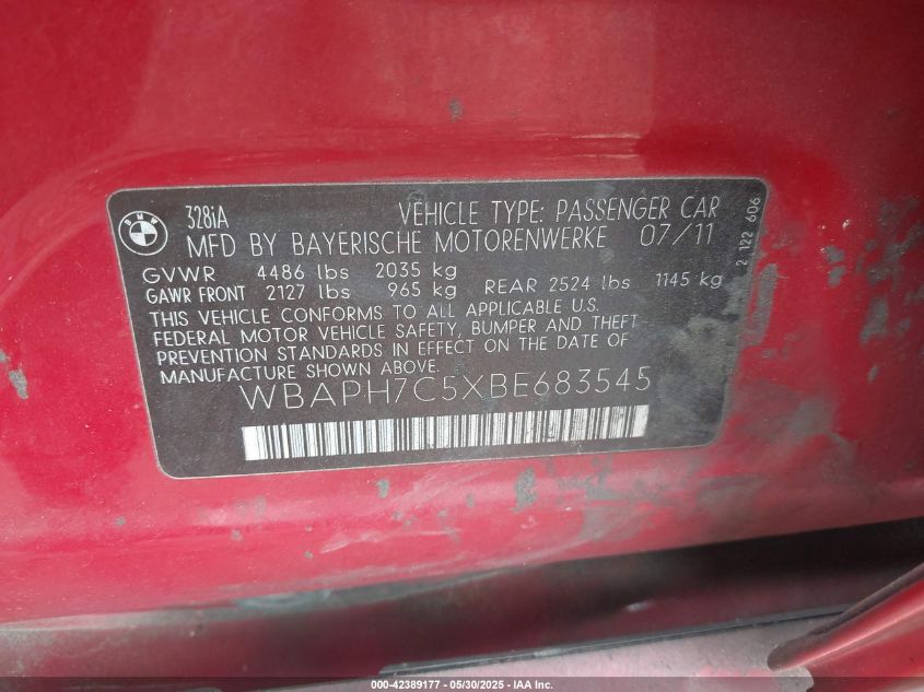 2011 BMW 328I VIN: WBAPH7C5XBE083545 Lot: 42389177