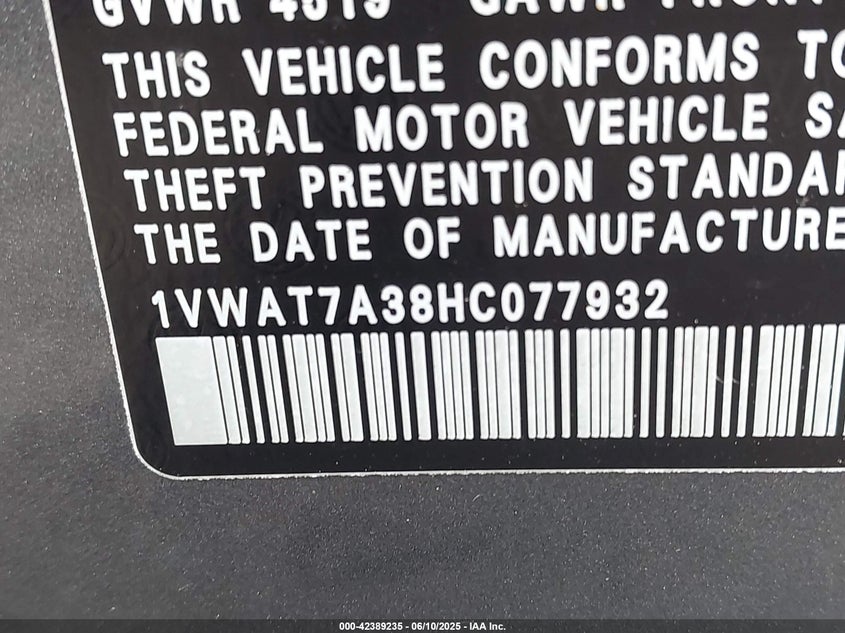 2017 VOLKSWAGEN PASSAT S - 1VWAT7A38HC077932