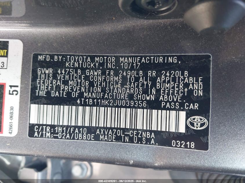 2018 Toyota Camry Le VIN: 4T1B11HK2JU039356 Lot: 42389261