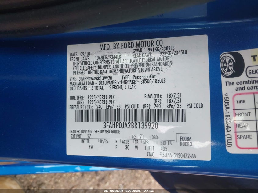 2011 FORD FUSION VIN: 3FAHP0JA2BR139920