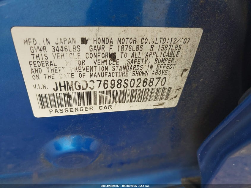 2008 HONDA FIT VIN: JHMGD37698S026870