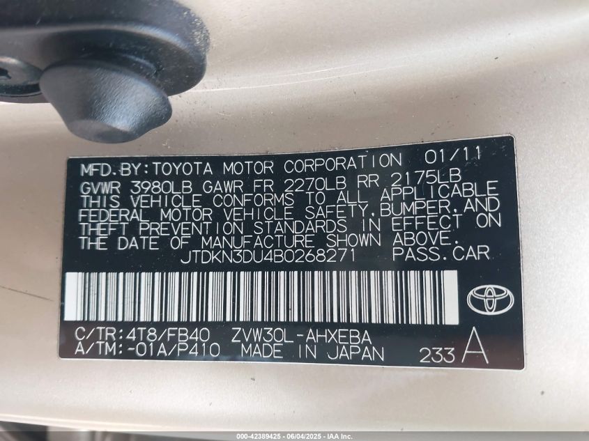 2011 Toyota Prius Two VIN: JTDKN3DU4B0268271 Lot: 42389425