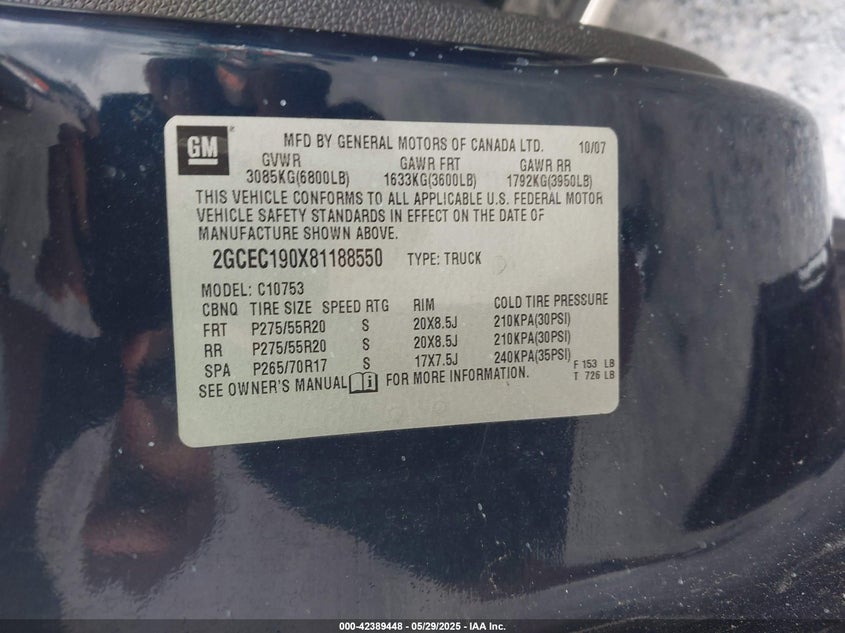 2008 CHEVROLET SILVERADO 1500 VIN: 2GCEC190X81188550