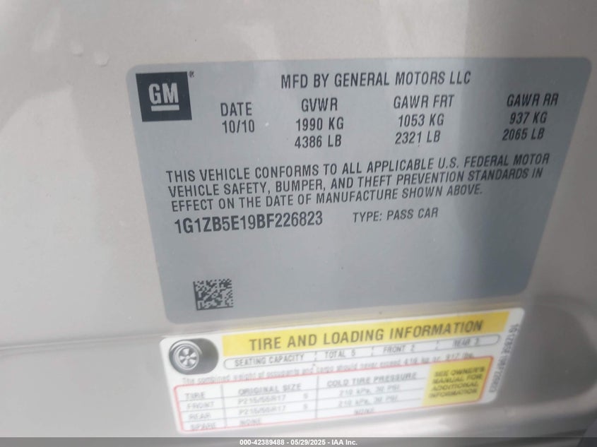 2011 CHEVROLET MALIBU VIN: 1G1ZB5E19BF226823