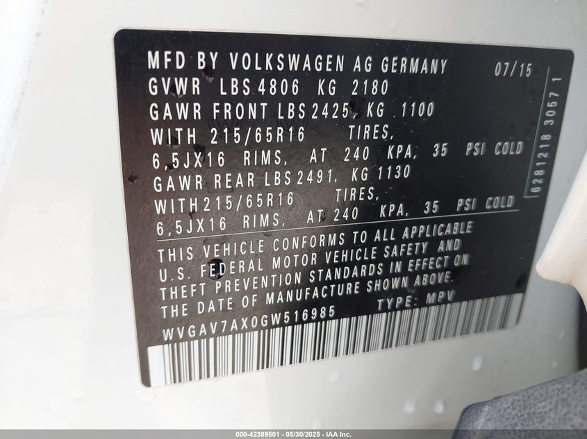 2016 VOLKSWAGEN TIGUAN S - WVGAV7AX0GW516985