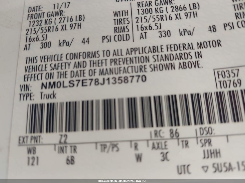 VIN NM0LS7E78J1358770 2018 FORD TRANSIT CONNECT XL