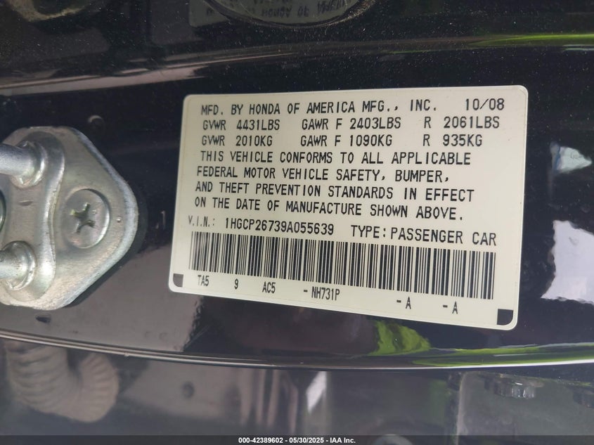 2009 HONDA ACCORD VIN: 1HGCP26739A055639