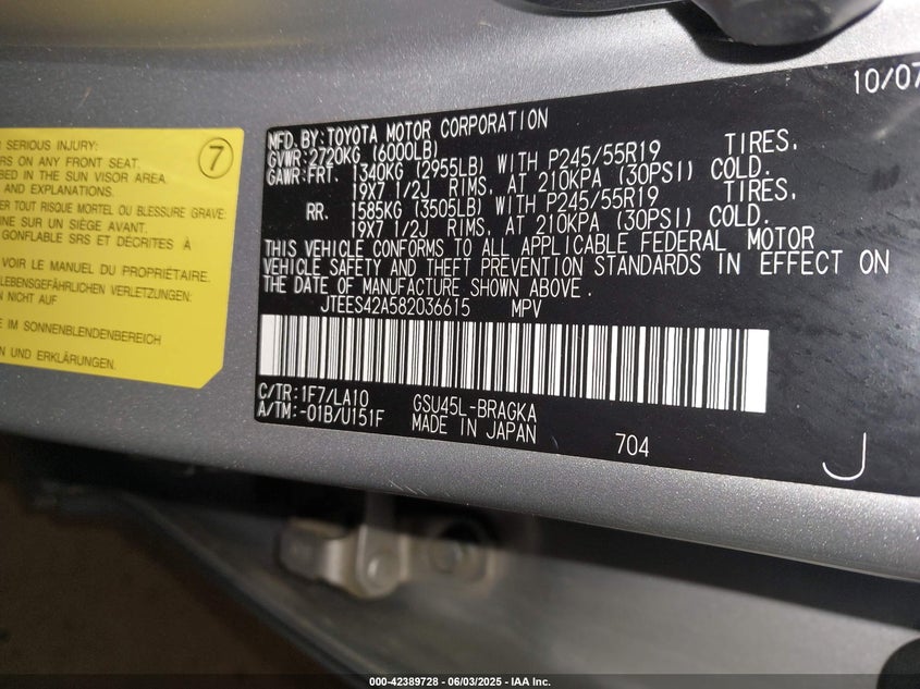 2008 TOYOTA HIGHLANDER VIN: JTEES42A582036615