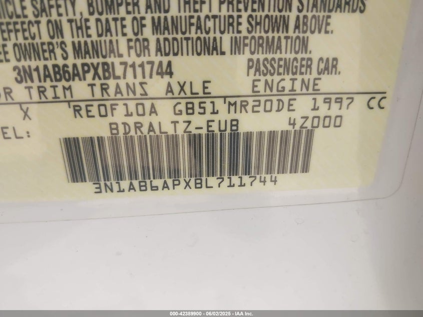 2011 NISSAN SENTRA VIN: 3N1AB6APXBL711744
