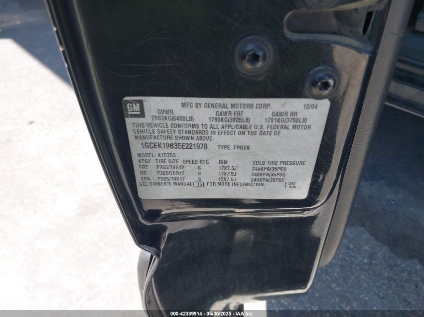 2005 Chevrolet Silverado 1500 Z71 VIN: 1GCEK19B35E221970 Lot: 42389914