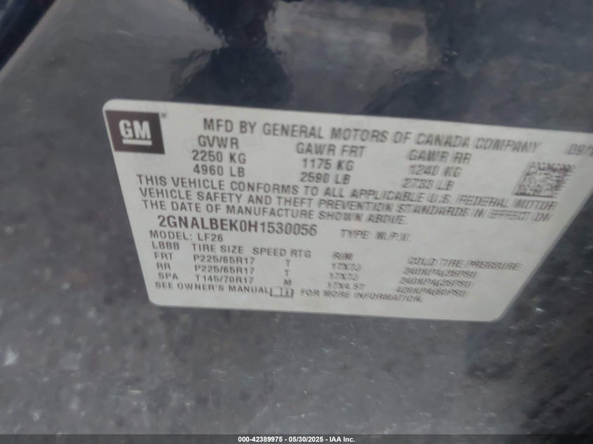 2017 CHEVROLET EQUINOX VIN: 2GNALBEK0H1530056