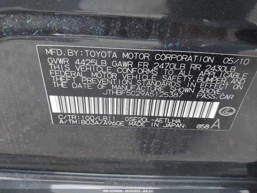 2010 LEXUS IS VIN: JTHBF5C29A5125387