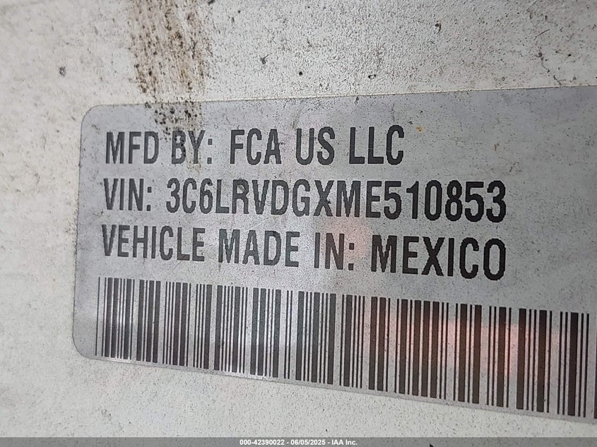 2021 Ram Promaster 2500 High Roof 159 Wb VIN: 3C6LRVDGXME510853 Lot: 42390022