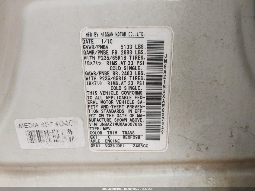 2010 Nissan Murano Sl VIN: JN8AZ1MUXAW007649 Lot: 42390196