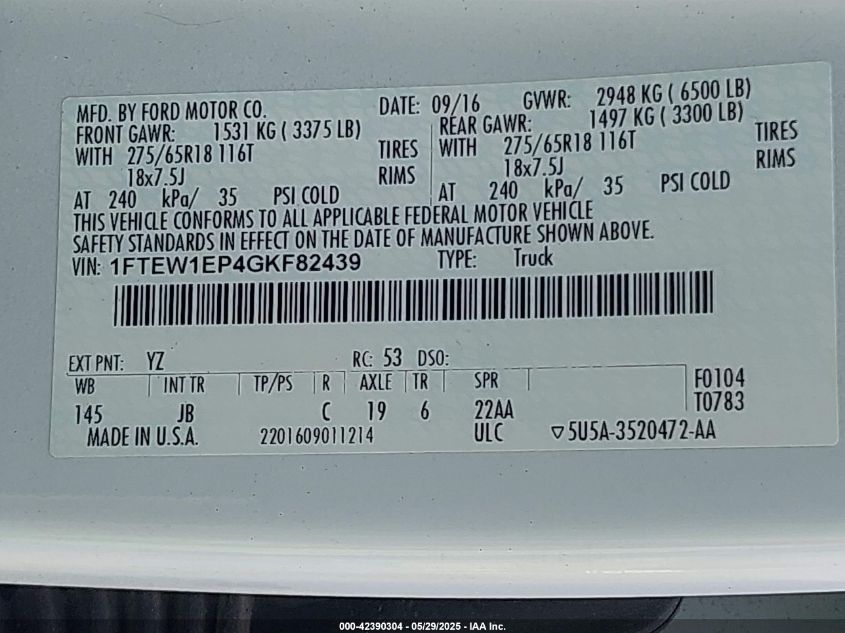 2016 Ford F-150 Xlt VIN: 1FTEW1EP4GKF82439 Lot: 42390304