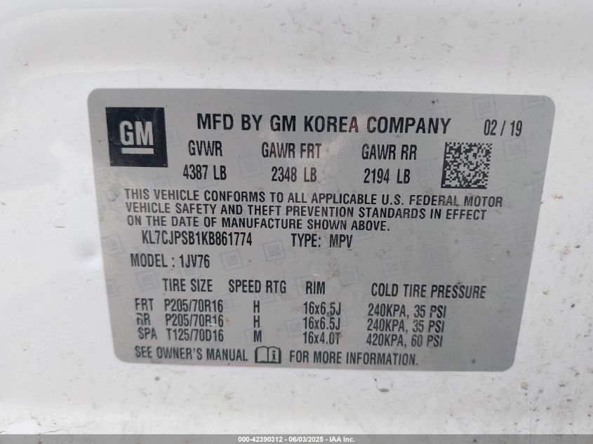 2019 Chevrolet Trax Lt VIN: KL7CJPSB1KB861774 Lot: 42390312