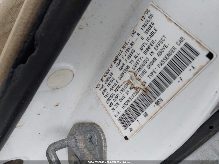 2007 HONDA ACCORD VIN: 1HGCM56147A074669
