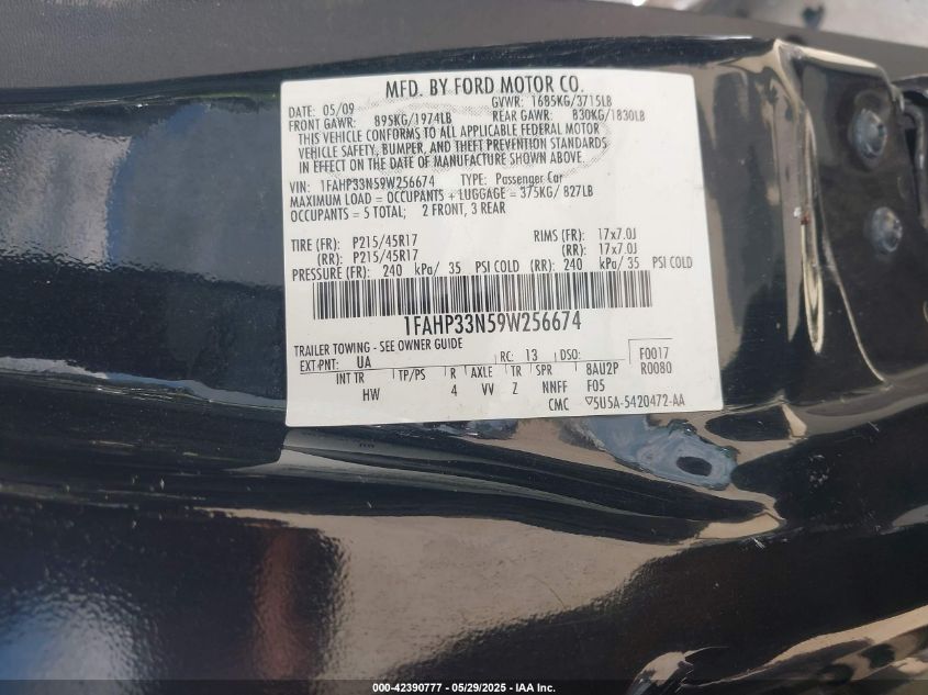 2009 Ford Focus Ses VIN: 1FAHP33N59W256674 Lot: 42390777