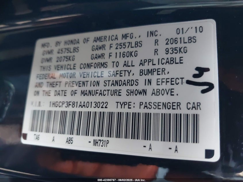 2010 HONDA ACCORD VIN: 1HGCP3F81AA013022