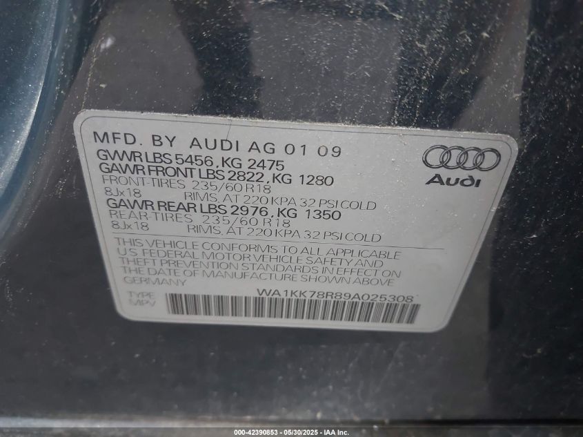 2009 Audi Q5 3.2 Premium VIN: WA1KK78R89A025308 Lot: 42390853