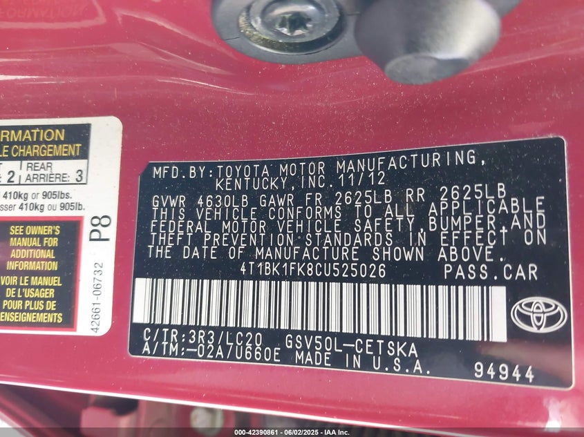 2012 TOYOTA CAMRY VIN: 4T1BK1FK8CU525026