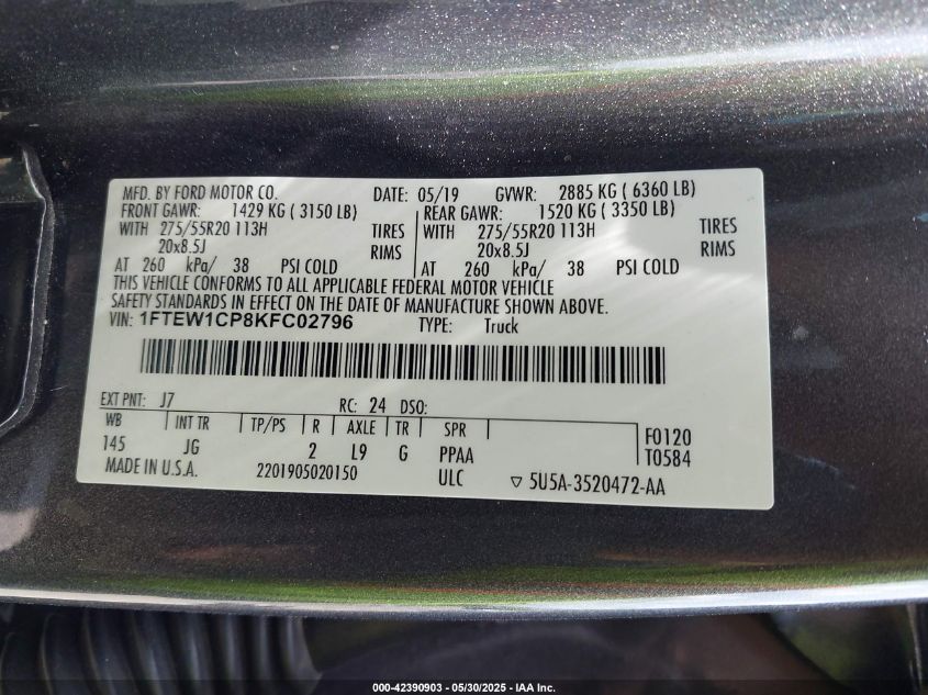 2019 Ford F150 Xl VIN: 1FTEW1CP8KFC0279 Lot: 42390903