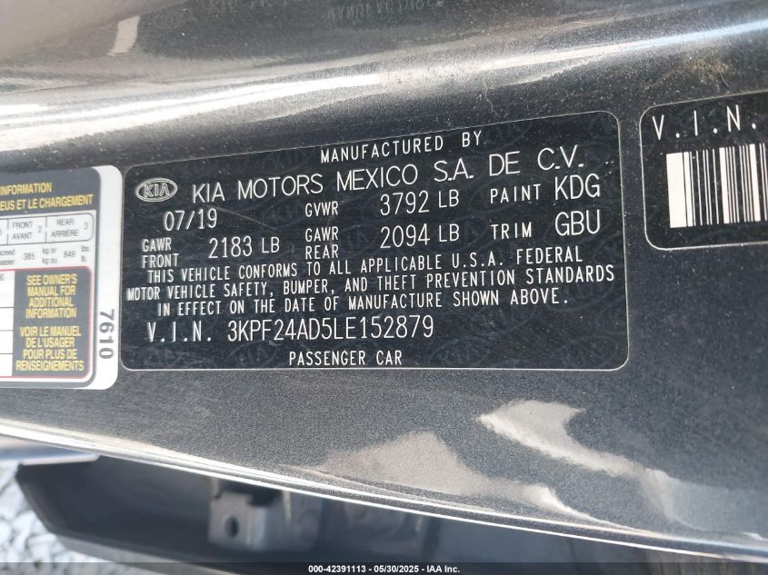 2020 Kia Forte Lxs VIN: 3KPF24AD5LE152879 Lot: 42391113