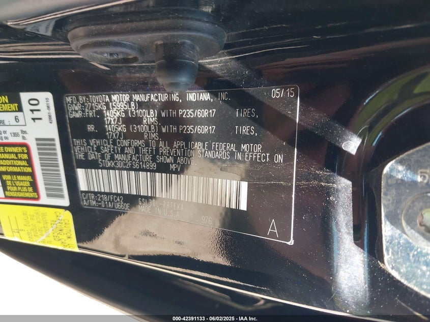 2015 Toyota Sienna Le 8 Passenger VIN: 5TDKK3DC2FS614899 Lot: 42391133