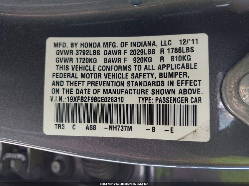 2012 Honda Civic Ex-L VIN: 19XFB2F98CE028310 Lot: 42391214