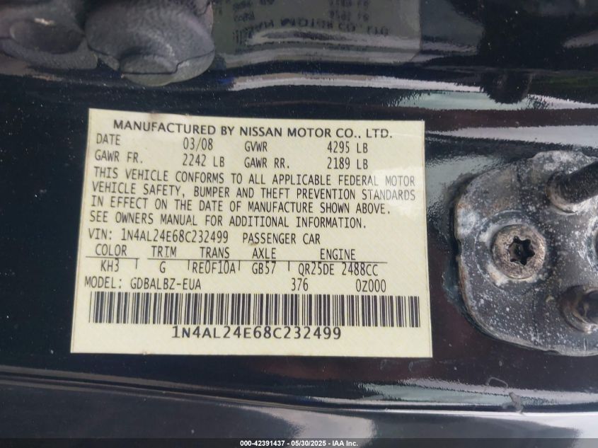 2008 Nissan Altima 2.5 S VIN: 1N4AL24E68C232499 Lot: 42391437