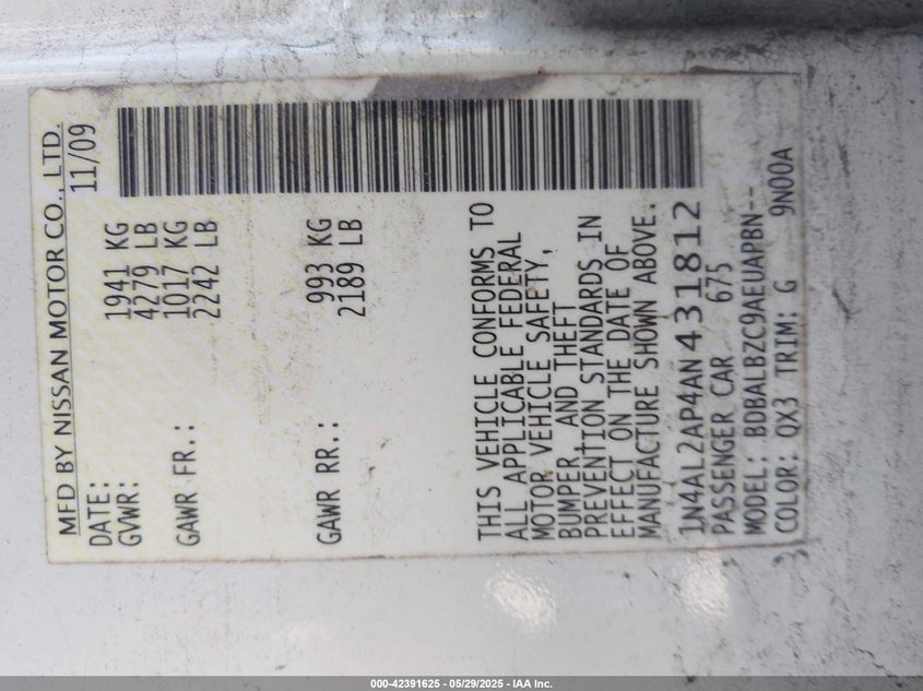 2010 NISSAN ALTIMA VIN: 1N4AL2AP4AN431812