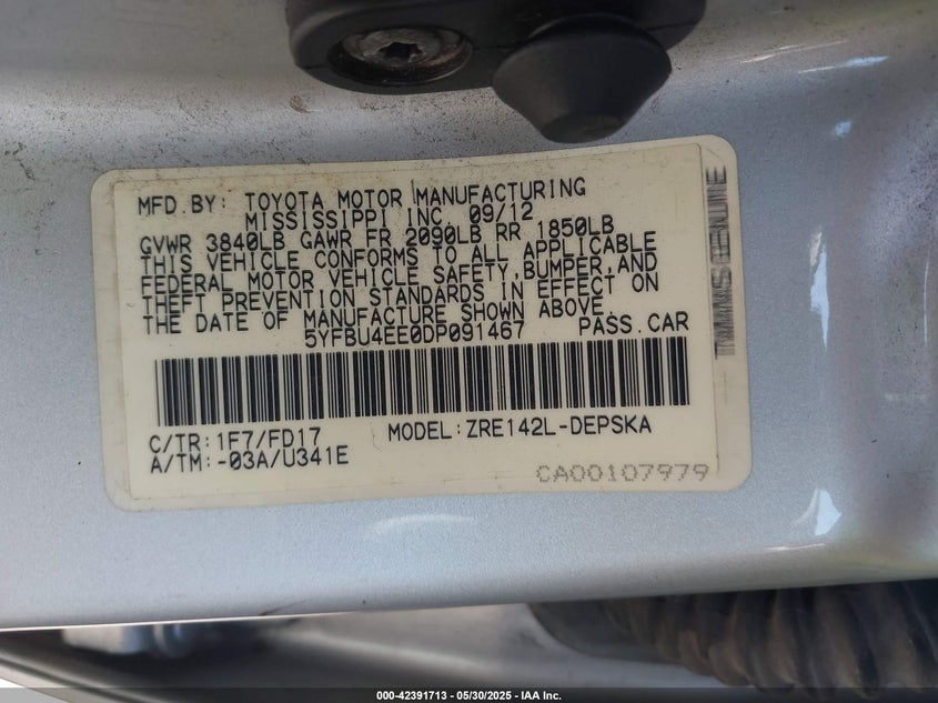 2013 TOYOTA COROLLA VIN: 5YFBU4EE0DP091467