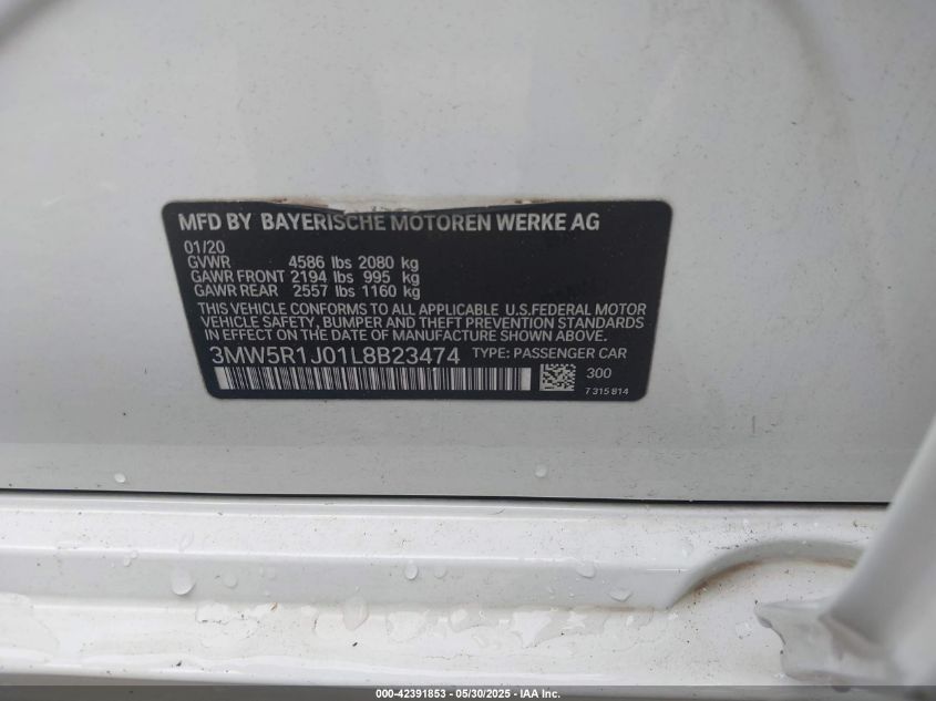 2020 BMW 330I VIN: 3MW5R1J01LB23474 Lot: 42391853