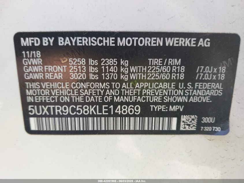 2019 BMW X3 xDrive30I VIN: 5UXTR9C58KLE14869 Lot: 42391908