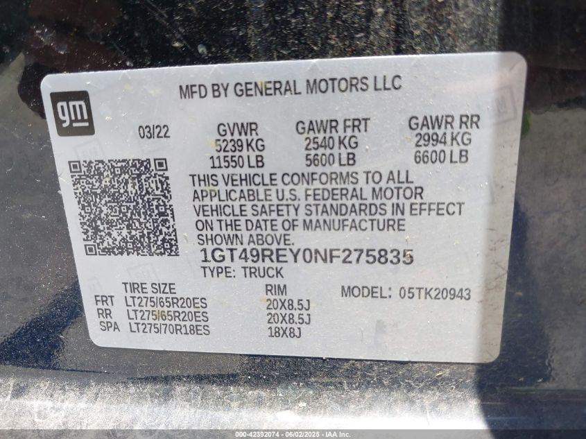 2022 GMC Sierra - 1GT49REY0NF275835