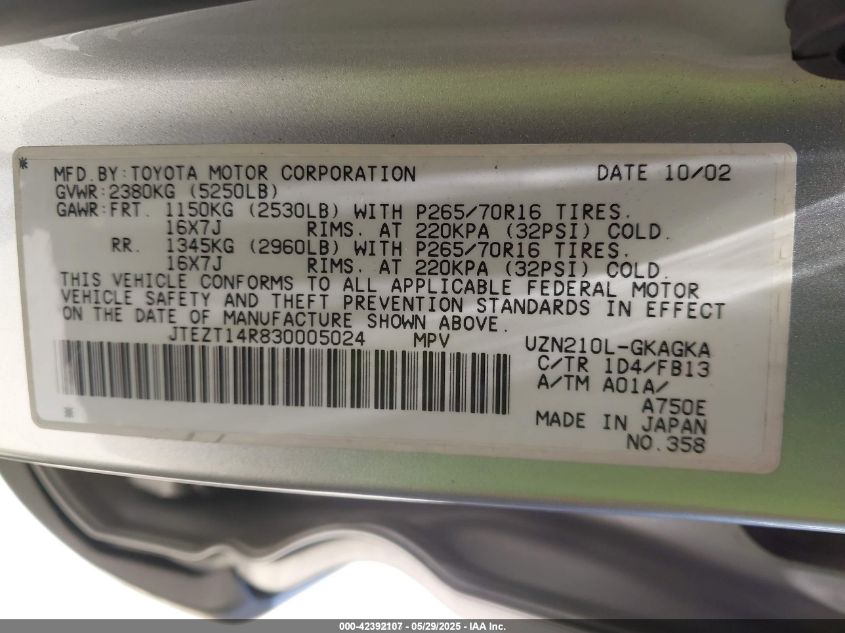 2003 Toyota 4Runner Sr5 Sport V8/Sr5 V8 VIN: JTEZT14R830005024 Lot: 42392107