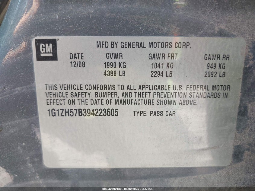 2009 CHEVROLET MALIBU VIN: 1G1ZH57B394223605