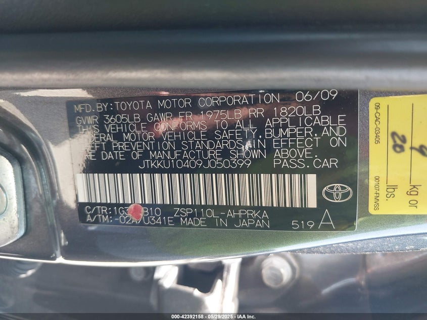 2009 SCION XD VIN: JTKKU10409J050399