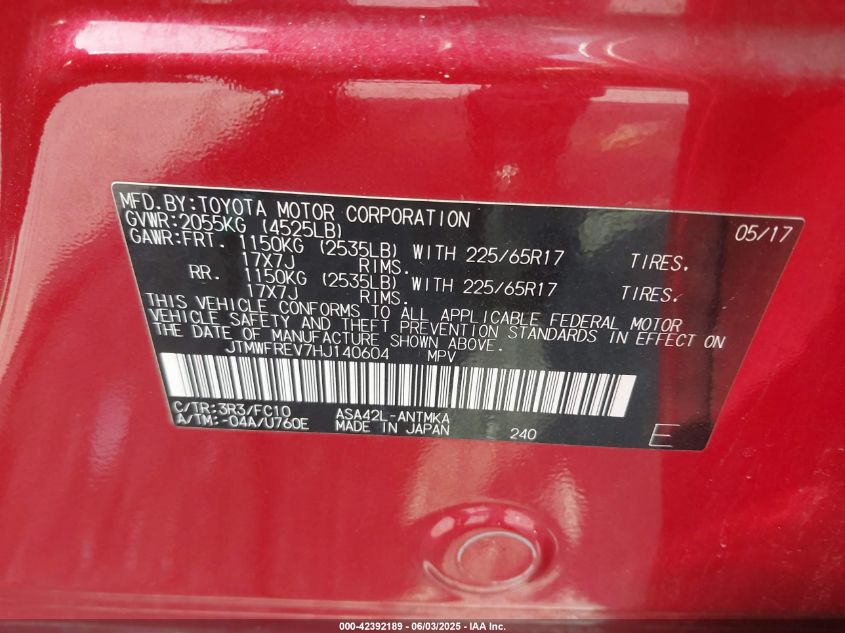 2017 Toyota Rav4 Xle VIN: JTMWFREV7HJ140604 Lot: 42392189