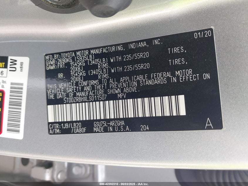 VIN 5TDDZRBHXLS011507 2020 TOYOTA HIGHLANDER LIMITED