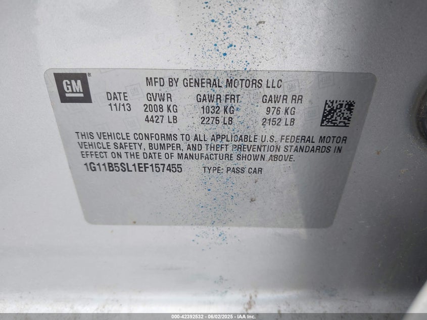 2014 Chevrolet Malibu 1Ls VIN: 1G11B5SL1EF157455 Lot: 42392532
