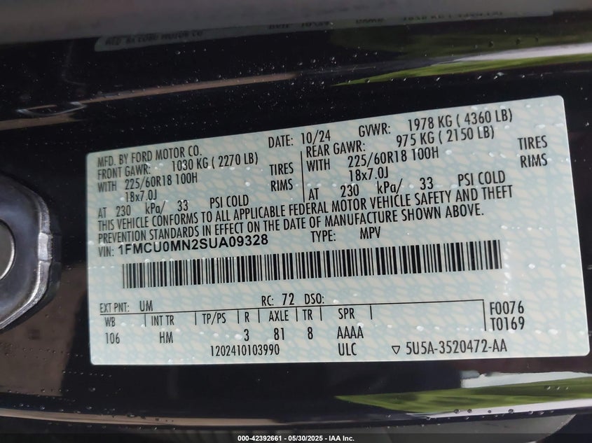 2025 FORD ESCAPE VIN: 1FMCU0MN2SUA09328